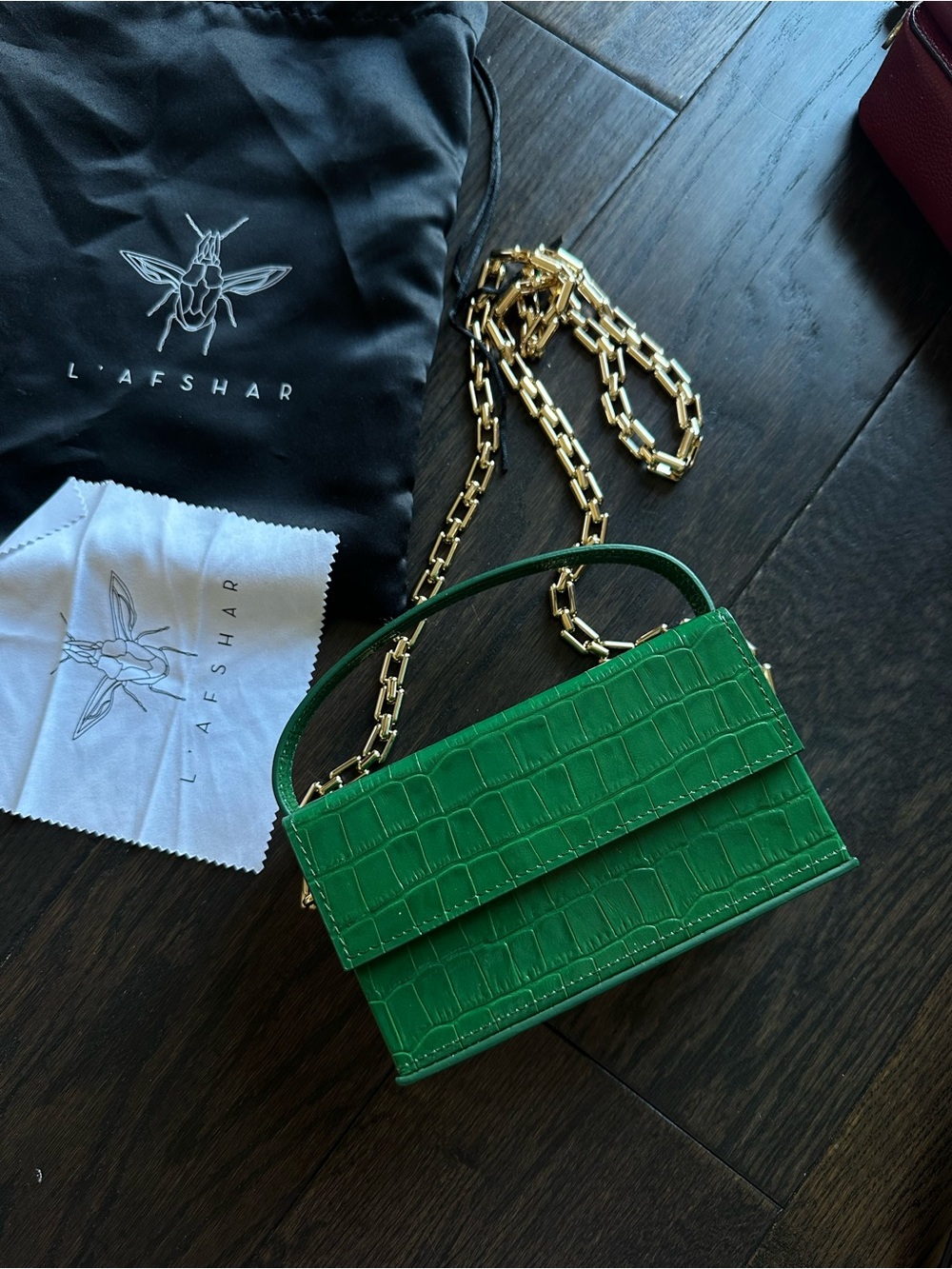 L'Afshar Green Embossed Leather Box Top Handle Bag Magnetic